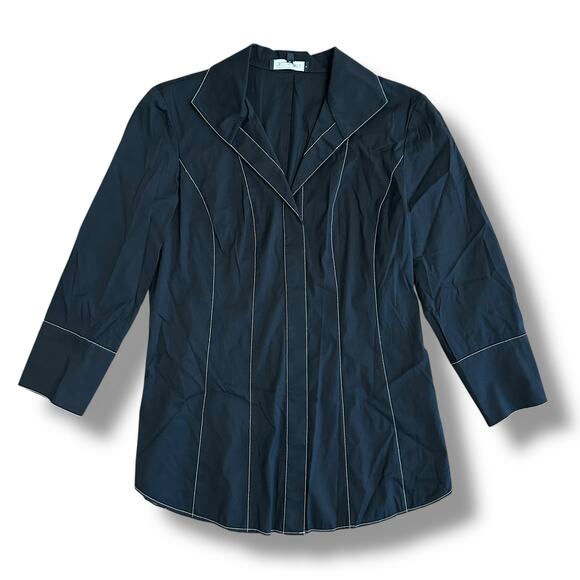 Lafayette 148 New York Black‎ Contrast Stitch Button Front Blouse Women’s 0 XS - Picture 1 of 9
